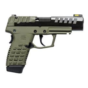 Olive-drab handgun shown in profile with textured grip and rail system, top sight, and trigger guard visible