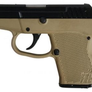 Side view of a tan compact semi-automatic pistol with a black slide and textured grip.