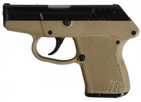 Side view of a tan compact semi-automatic pistol with a black slide and textured grip.