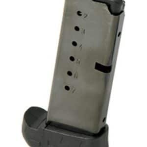 Pistol magazine standing upright with round-count holes and a textured base plate visible at the bottom.