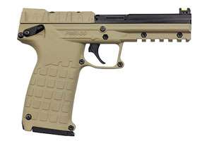 Side profile of a tan semi-automatic pistol with a textured grip and accessory rail on top of the frame.