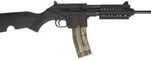 Black semi-automatic rifle with a tan translucent magazine.