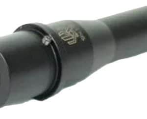Close-up of a black cylindrical device with a hollow front opening, likely an optical adapter or lens component.