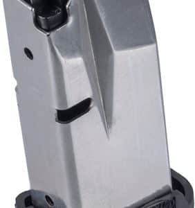 Metal pistol magazine with black bottom base plate, used to feed rounds into a semi-automatic handgun.