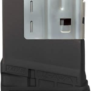 Side view of a black polymer firearm magazine with a metal top and baseplate.