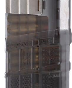 Pistol magazine partially loaded with rounds, standing upright.