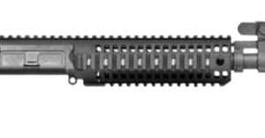Black AR-style rifle with a long quad-rail handguard and front sight, shown in profile.