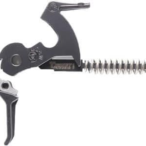 Close-up of a black bicycle chain tool with a curved body, small lever, and a long threaded rod with a coil spring extending to the right.
