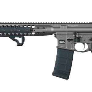 Semi-automatic AR-style rifle in profile with quad-rail handguard, vertical foregrip, detachable magazine, and collapsible stock