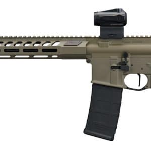 Tan AR-style rifle with a long free-floating handguard, top-mounted optic, and adjustable stock.