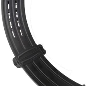 Black curved rifle magazine with ribbed exterior and feed lips at the top viewed from the side