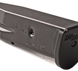 Metal handgun magazine for a SIG Sauer pistol, shown from the side with a dark finish and engraved branding.