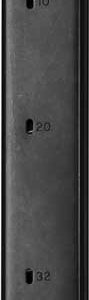 Black handgun magazine with numbered capacity marks (10, 20, 32) along the side.