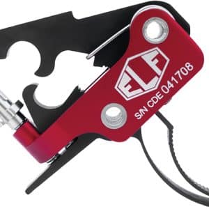 Red compact multitool with bottle opener and key-loop resting on a black display clip.