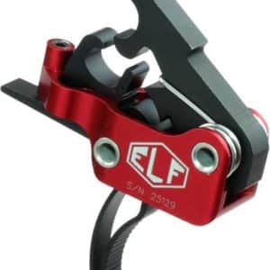 Red ELF front derailleur clamp with black lever and silver hardware, close-up view on a white background.
