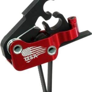 Red bicycle derailleur alignment tool with black jig and label indicating USA origin, close-up view. (informative)