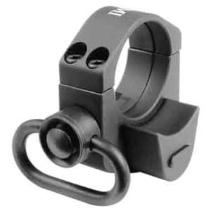 Clamp-on ring mount for a firearm rail to hold a sight, featuring a circular ring, two top screw holes, and a curved U-shaped latch.