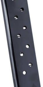 Metal handgun magazine with circular witness holes along the side, shown at an angle.