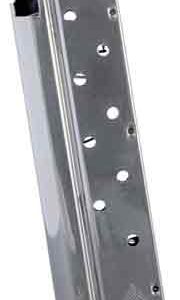 Detachable metal handgun magazine with witness holes shown at an angle.