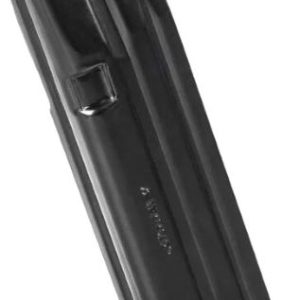 Black detachable handgun magazine with a green follower, shown upright on a white background (ammo feeding device for a pistol).