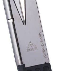 Box cutter/utility knife with extended blade, metal body and black grip at the base