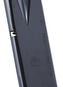 Black pistol magazine viewed from the side with a visible follower at the top and a curved base.