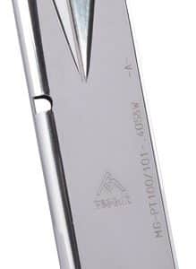 Side view of a silver pistol magazine with a black base plate.