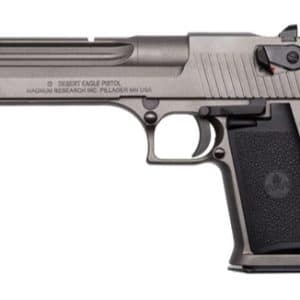 Profile view of a Desert Eagle semi-automatic pistol with a stainless slide and black textured grip.