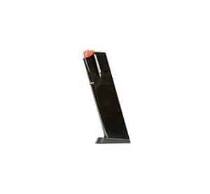 Black metal standing magazine rack with a magazine inside and an orange item on top.