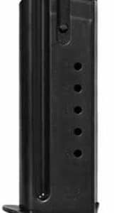 Black pistol magazine with loading holes along the side and a flat baseplate.