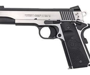 Colt Government 1911-style semi-automatic pistol with a silver slide and black grip.