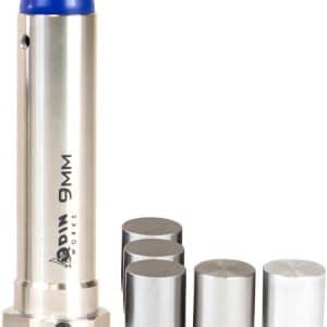 Vertical stainless steel 9mm device with a blue cap and four small detachable metal caps arranged to its right on a white background.