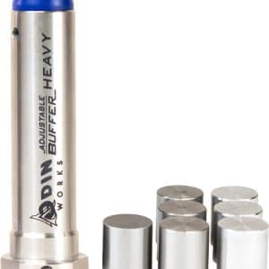 Adjustable heavy-duty buffer with a blue cap, shown beside several metal weight caps for testing or calibration.