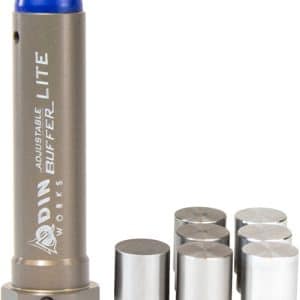 Brown cylindrical adjustable tool with blue cap and 'BUFFLITE' branding, beside six small silver weights/date caps on a white background