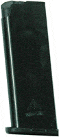 Black rectangular case or device with a rounded left edge, resting on a small base; small triangular logo at the bottom-right.