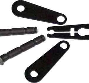 Assorted black metal fasteners and mounting brackets on a white background: two bolts, two flat brackets with holes, and a curved U-shaped piece.