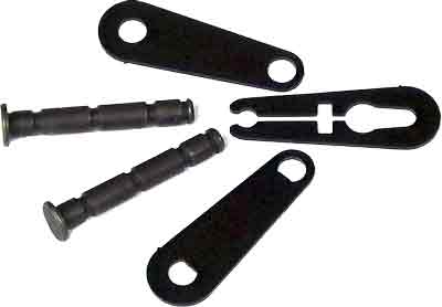 Assorted black metal fasteners and mounting brackets on a white background: two bolts, two flat brackets with holes, and a curved U-shaped piece.
