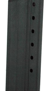 Black pistol magazine standing upright with a visible baseplate at the bottom and side witness holes/round-count holes along its edge.