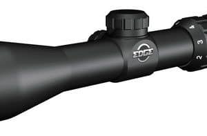 Rifle scope with adjustable turrets and a green-tinted objective lens, shown in profile
