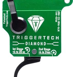 Green TriggerTech Diamond rifle trigger with black adjustment lever and curved actuation arm, showing manufacturer labels and stage indicators.