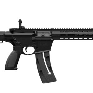 Black modern sporting rifle shown in profile with a long, perforated handguard and curved magazine