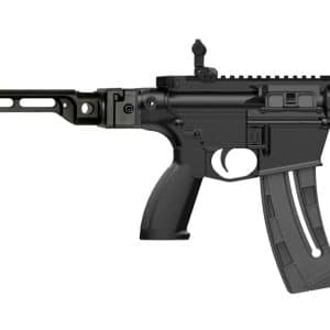 Black tactical rifle with adjustable stock, foregrip, and curved magazine (side view).