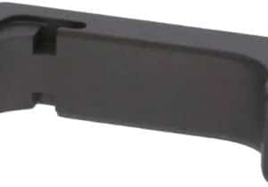 Black plastic cable clip with a curved groove for securing a cord/small tube, ribbed grip on one end.