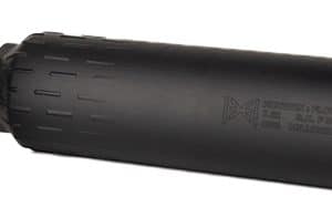 Black cylindrical firearm suppressor (silencer) with a detachable muzzle adapter shown to the side, viewed from the side.