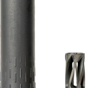 Disassembled firearm suppressor components: tall black cylindrical housing with vented top and a separate perforated inner core on the right.