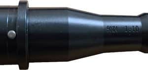 Black metal cylindrical optical adapter with threaded ends which may connect lenses or scopes.