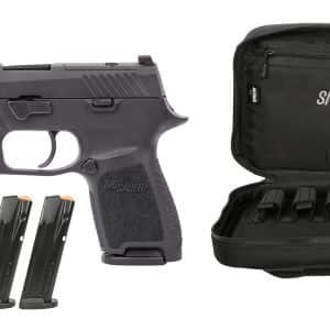 SIG Sauer handgun with multiple magazines and a black carrying case visible; tactical pistol setup.