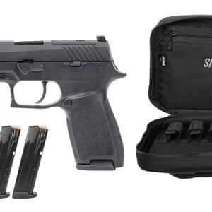 Handgun with six magazines and a black carrying case, laid out on a white background (SIG SAUER P320).