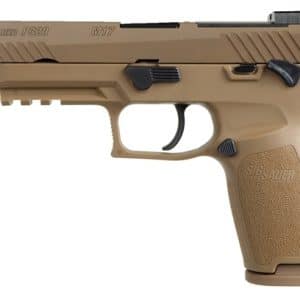 Tan Sig Sauer M17 handgun shown in profile with textured grip against a white background, side view