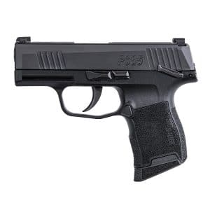 Side view of a black SIG Sauer P365 semi-automatic pistol with a textured grip on a white background.